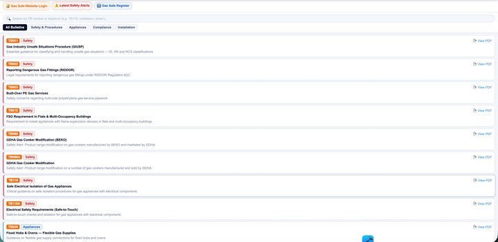 Technical bulletins list with search, categories and View PDF links