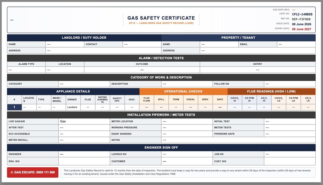 CP12 Landlord Gas Safety certificate template
