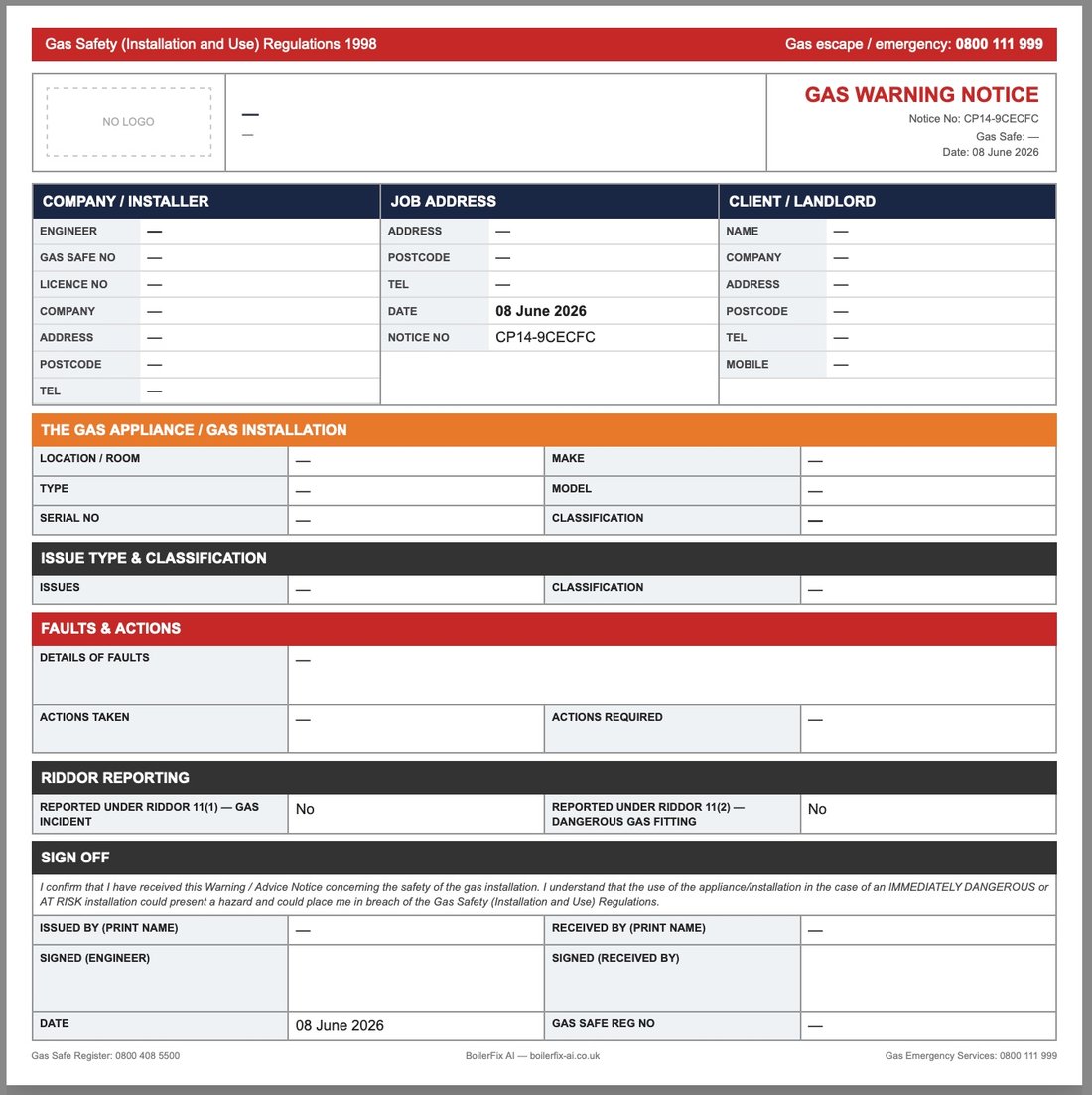 Gas Warning Notice certificate template
