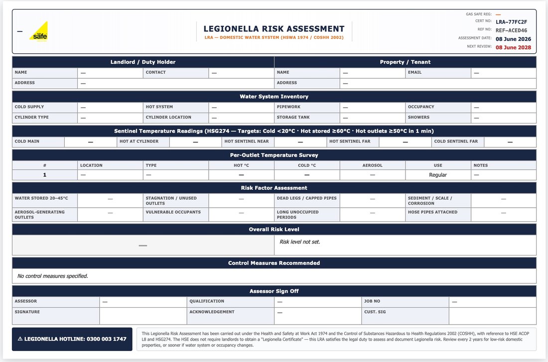 Legionella Risk Assessment certificate template