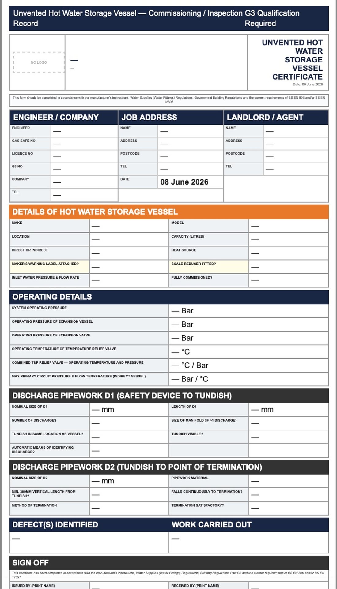 G3 Unvented Hot Water certificate template