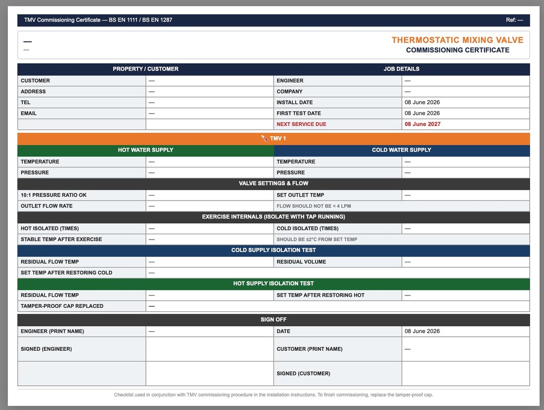TMV Commissioning certificate template