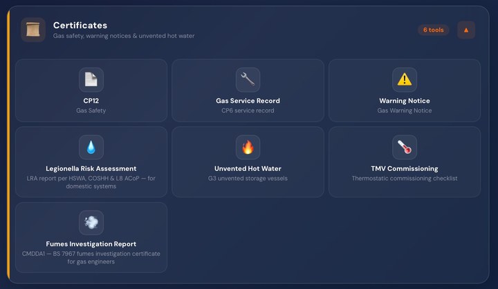 BoilerFix AI certificate types: CP12, gas service record, warning notice, legionella, unvented hot water, TMV, fumes investigation