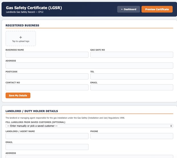 CP12 landlord gas safety record fill-in form