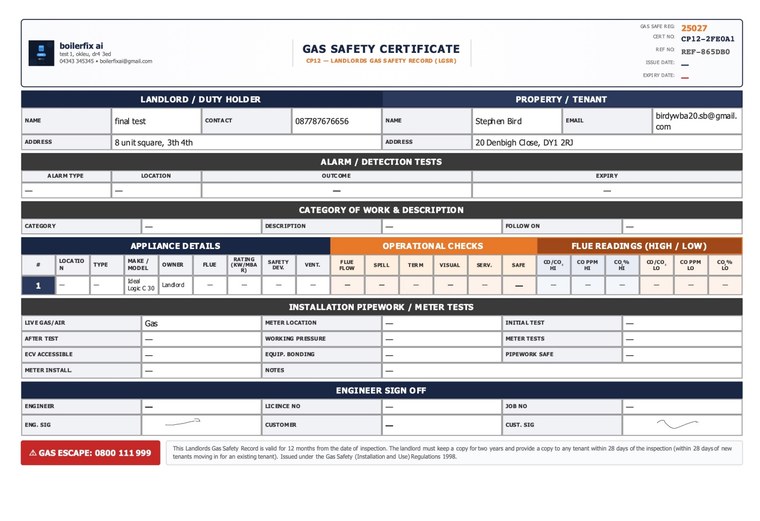 Completed CP12 gas safety certificate PDF