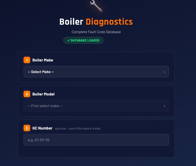 BoilerFix AI boiler diagnostics — select make, model and GC number