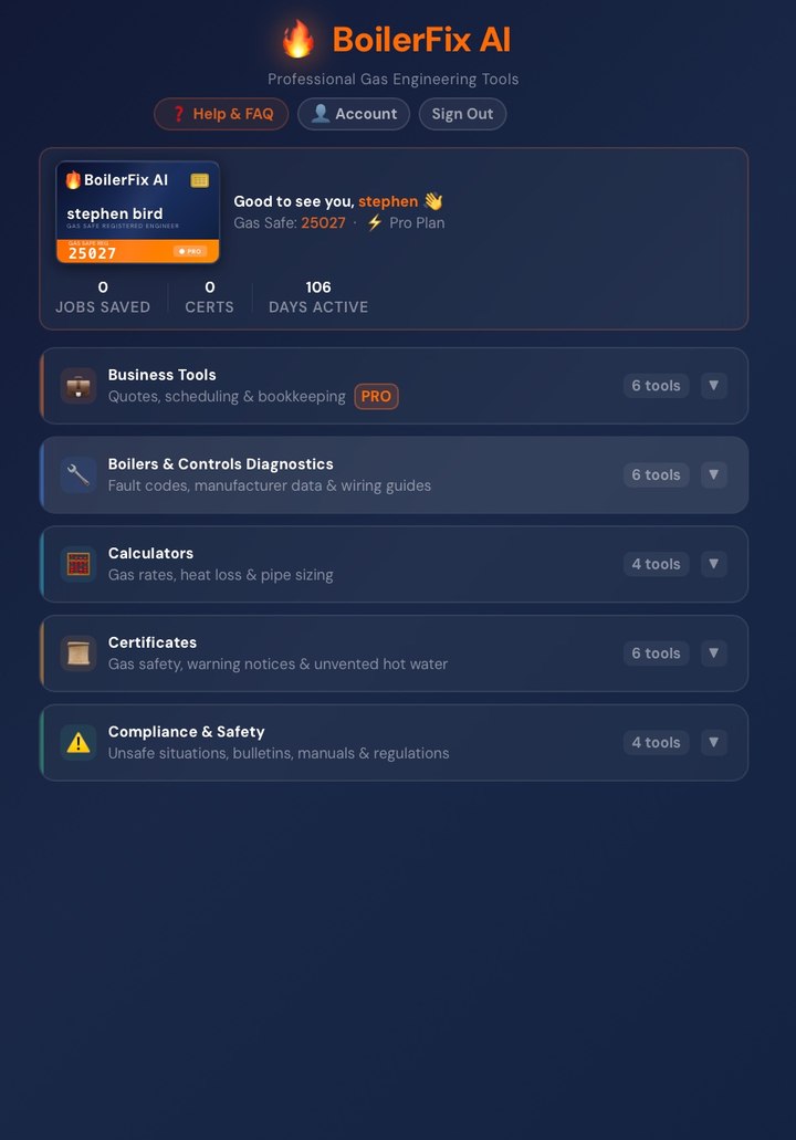 BoilerFix AI home screen — every tool in one place