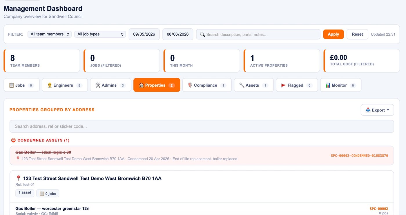 Site Manager dashboard — properties grouped by address with compliance status