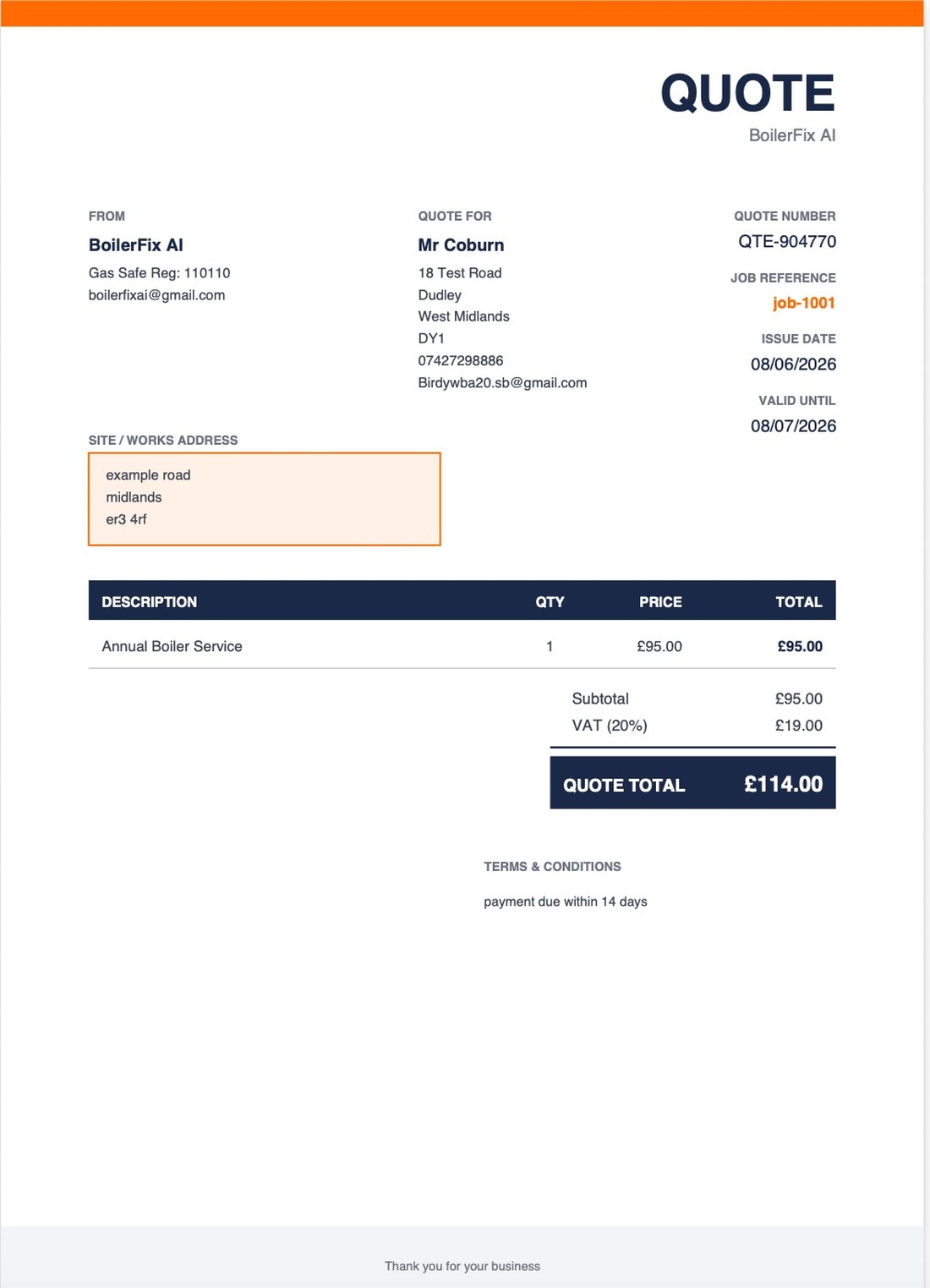 Quote / estimate document